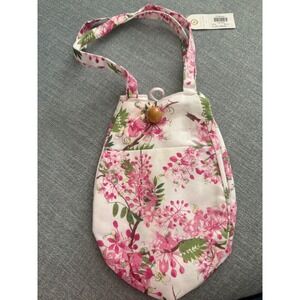 Thai Floral Cotton Tote Bag‎ Pink Blossom Print Wood Bead Closure White Shoulder